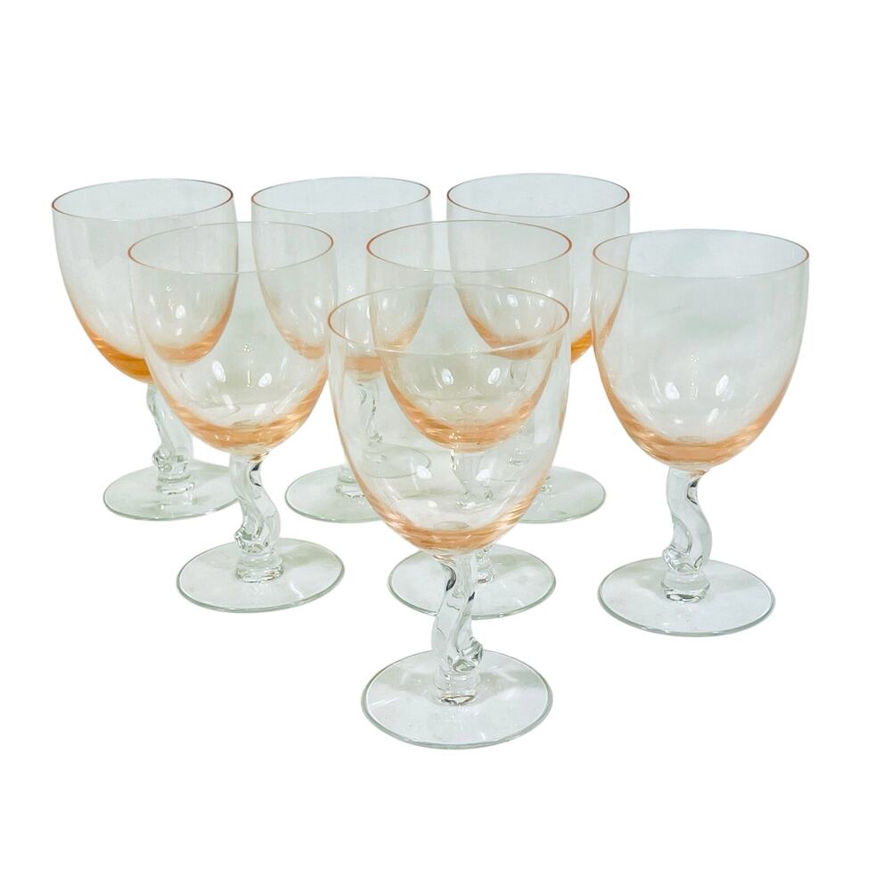 Fostoria Contour Pink Wine Glasses Water Goblet Lot of 7 Swirl Stem 6" Tall